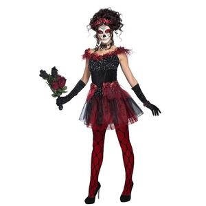 Goddessy Sugar Skull‎ Halloween Costume Dress with Rose Accents & Headband L